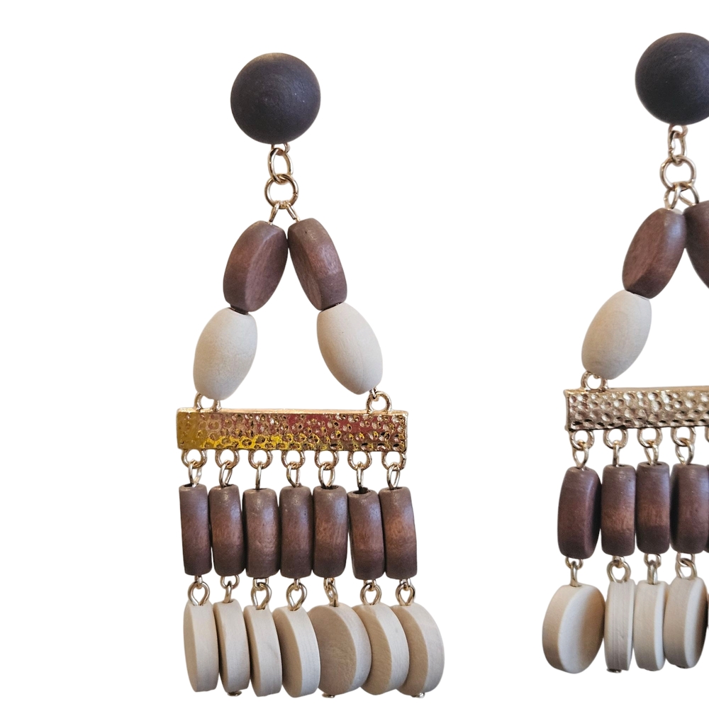 NWT - Gorgeous Boho Wooden Chandelier Earrings Multicolored - Picture 3 of 8